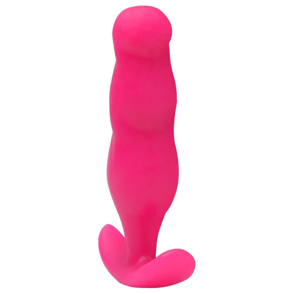 Plug Anal Mini Rosa 8x2cm visto de perfil, destacando formato ondulado e base de seguran�a