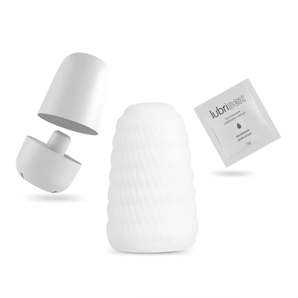 Masturbador Masculino Hand Experience Branco desmontado, mostrando o corpo branco texturizado e os componentes da tampa e base