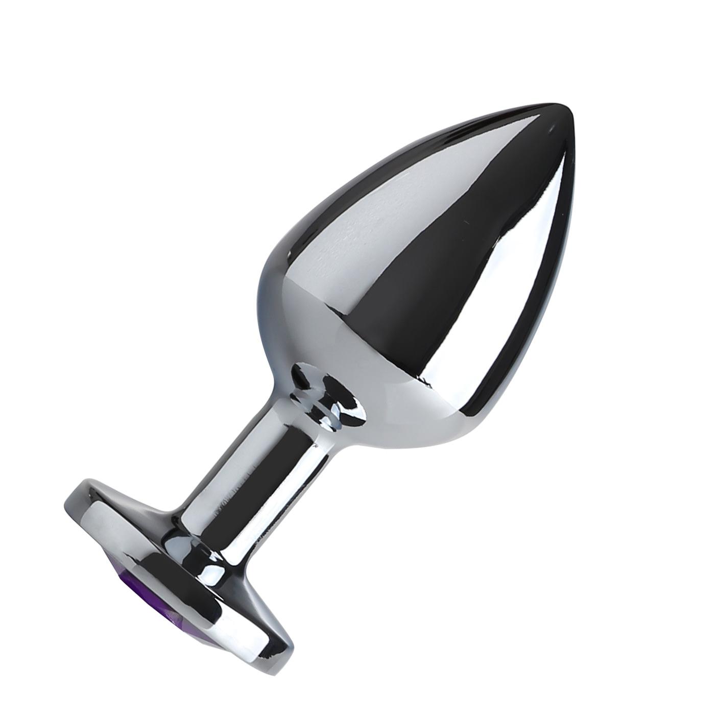 vista lateral do plug anal de metal cromado com formato de gota e base com cristal facetado