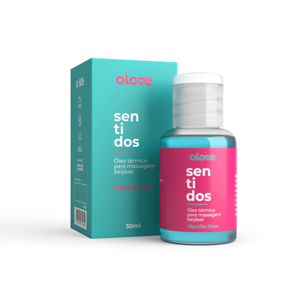 �leo para Massagem Sensual que Aquece Beij�vel Aroma e Sabor Algod�o Doce Olove Sentidos 30ml com a caixa do produto ao fundo, mostrando ambos.