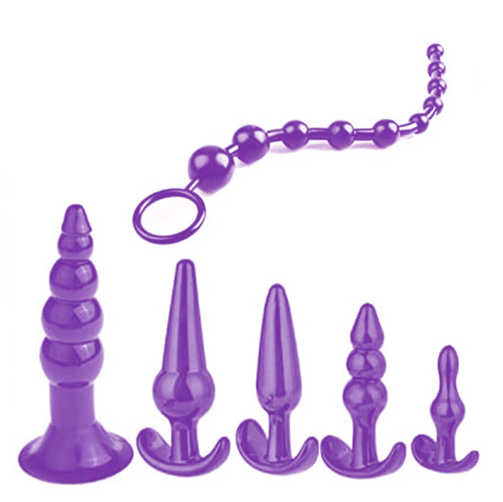 Kit Plug Anal Roxo, vista superior com cinco plugs em TPE flex�vel e um anal beads, todos na cor roxa