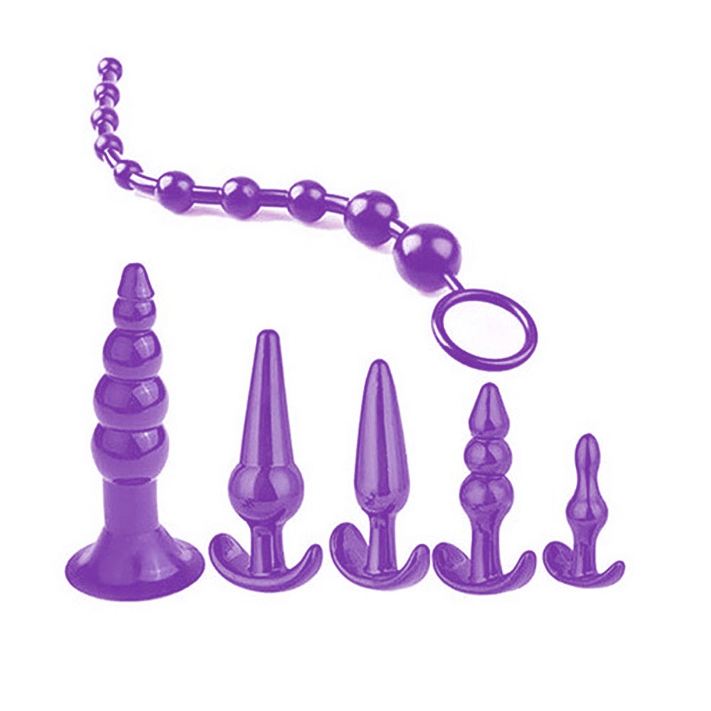 Disposi��o inversa do Kit Plug Anal Roxo, mostrando os plugs de diferentes tamanhos e o anal beads com argola