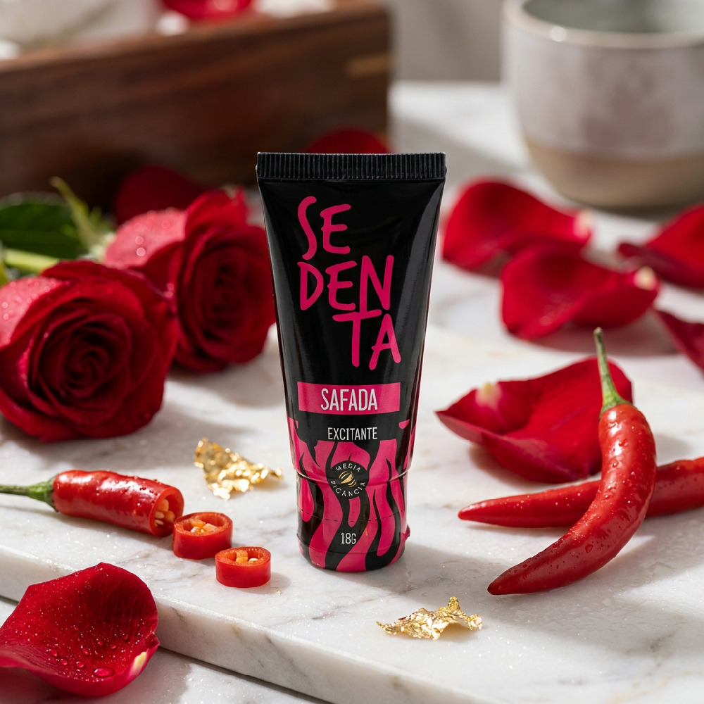 Gel Excitante Feminino Sedenta Safada em um cen�rio rom�ntico com pimentas e rosas vermelhas