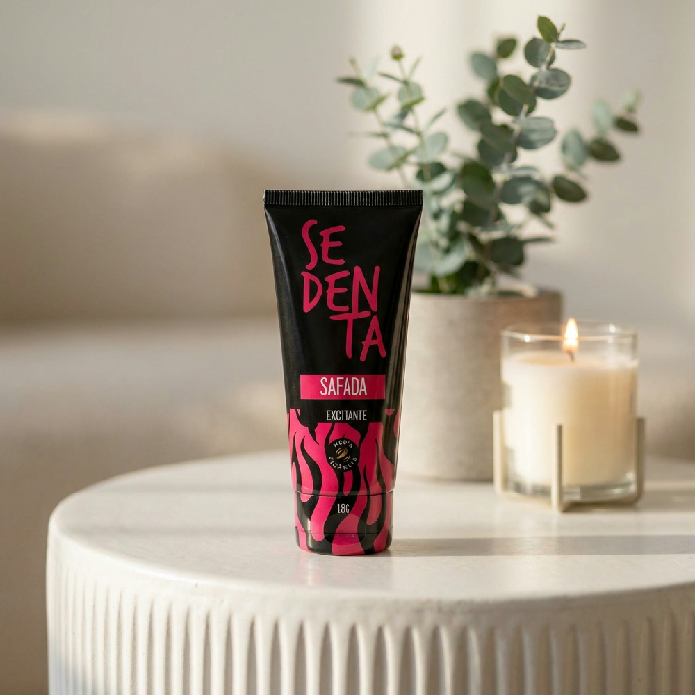 Gel Excitante Feminino Sedenta Safada em um ambiente aconchegante com planta e vela acesa, sugerindo relaxamento