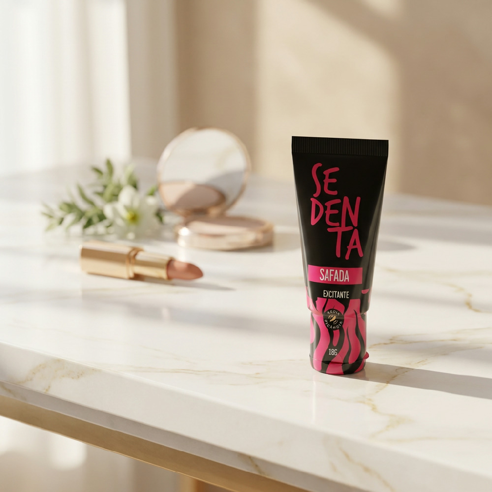 Embalagem do Gel Excitante Feminino Sedenta Safada com foco na parte inferior e detalhes do design em rosa