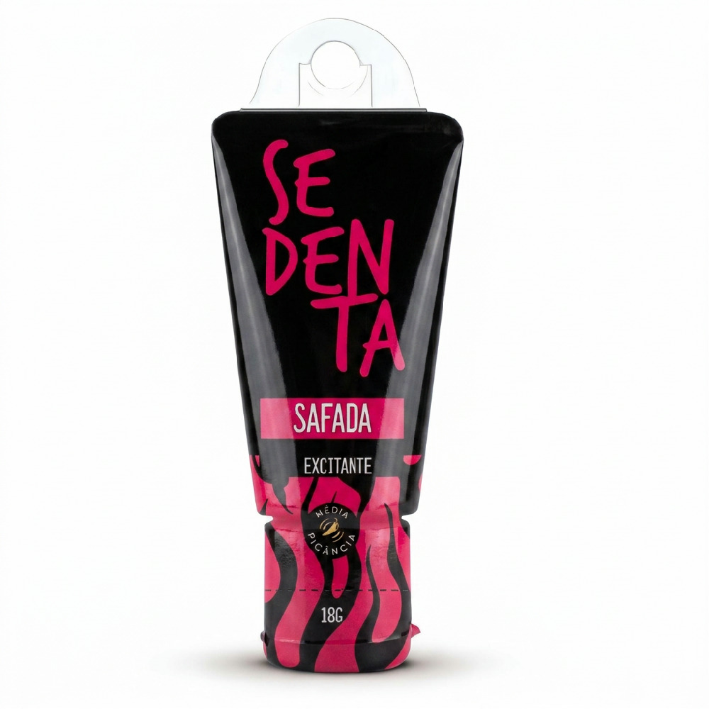 Embalagem do Gel Excitante Feminino Sedenta Safada em perspectiva, evidenciando o design completo do produto