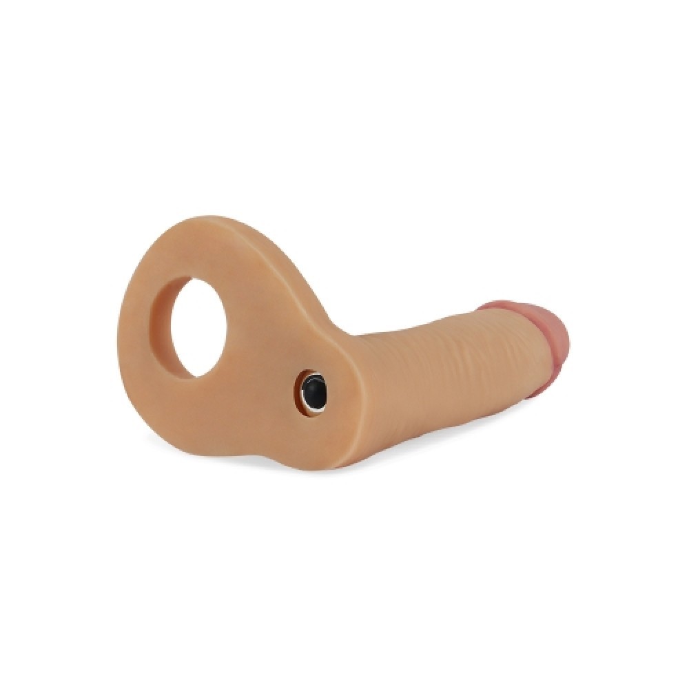 Anel Companheiro 10 Vibra��es Bege visto de perfil, mostrando o orif�cio para o p�nis e o mini bullet vibrador acoplado