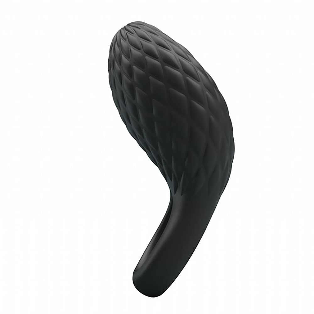 Anel Peniano Vibrat�rio Heloise em silicone preto, em vista lateral e ligeiramente curvado, exibindo a flexibilidade do material