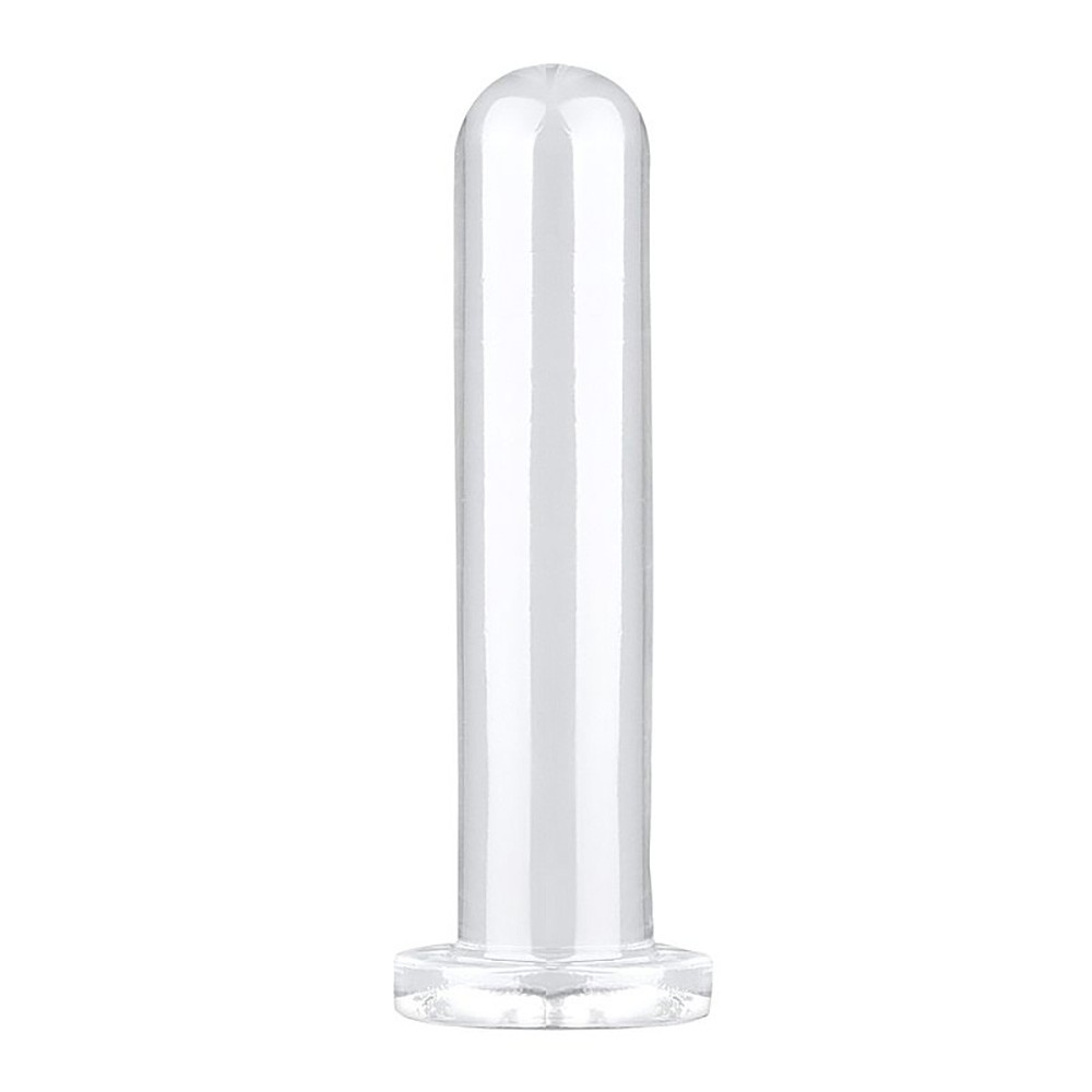 Plug anal transparente em jelly visto de perfil, destacando sua forma cil�ndrica e base com ventosa