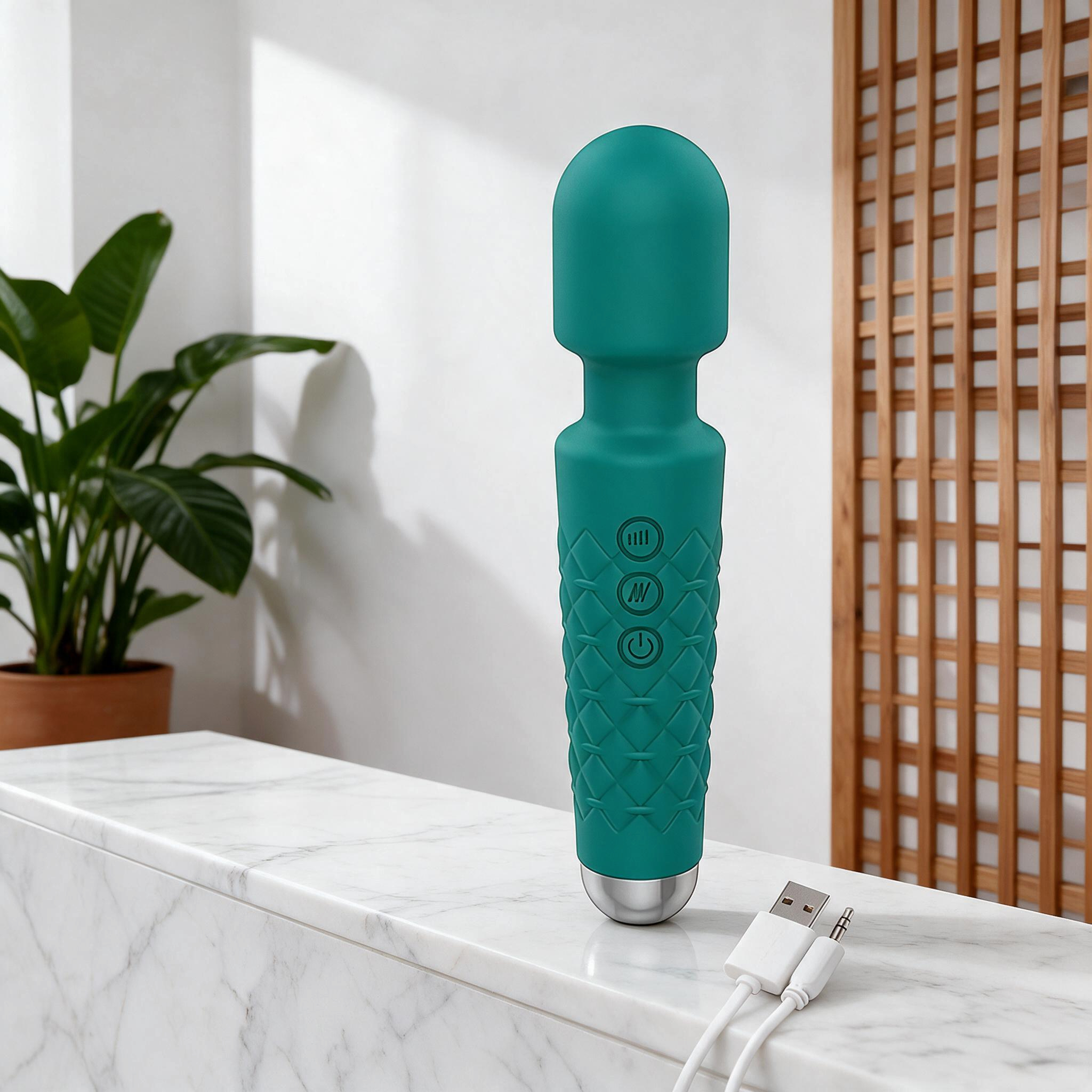 Massageador Er�tico em Silicone Recarreg�vel Verde, vista em close da cabe�a flex�vel e material de silicone