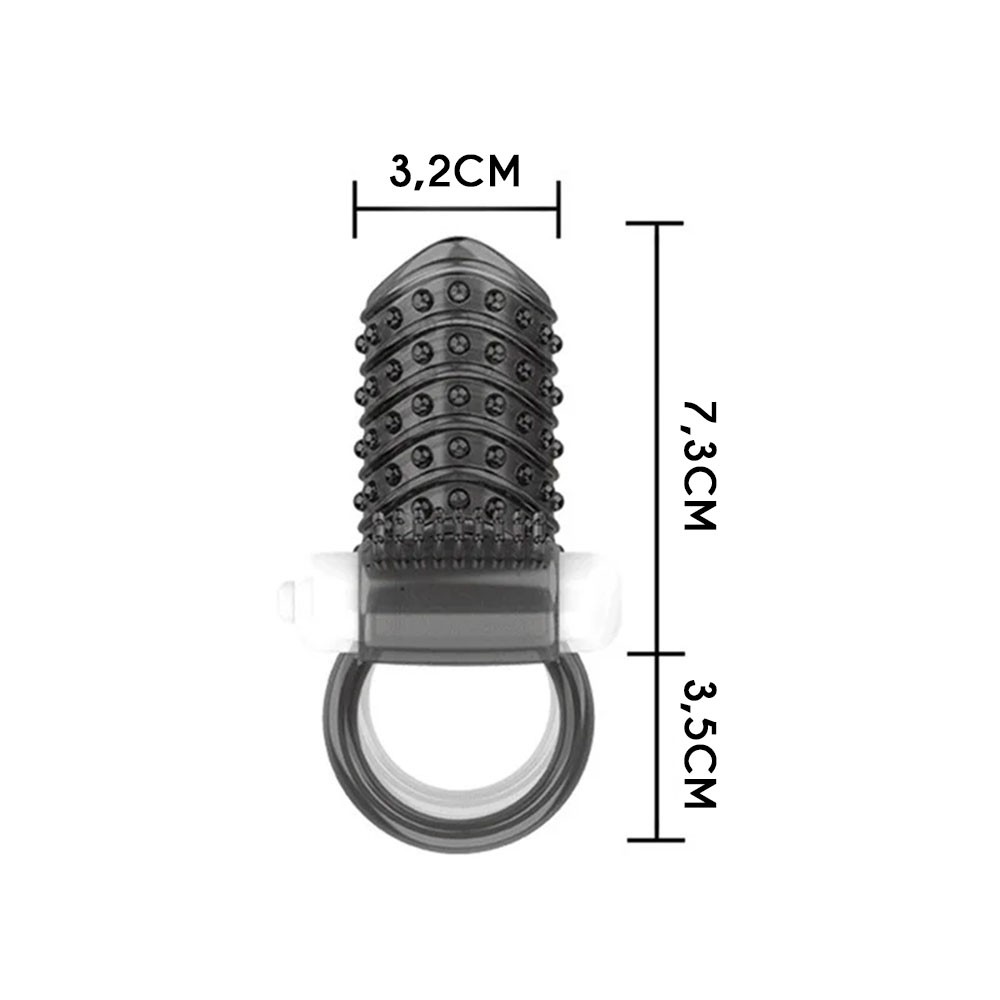 Capa Peniana Sem Cabe�a Vibe Cock Ring com Vibrador em Silicone Preto | Detalhes do material e tamanho