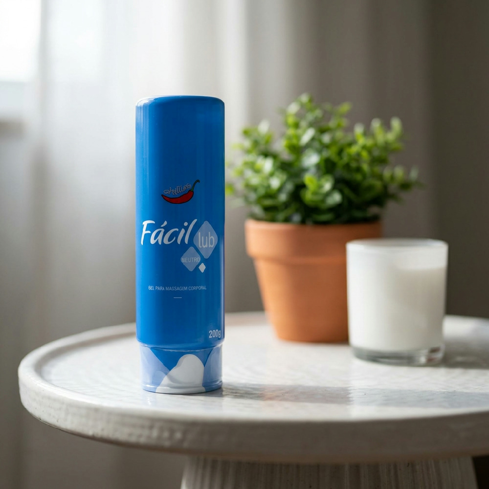 Lubrificante F�cil Lub Neutro 200g em um ambiente de quarto, ao lado de uma planta e uma vela