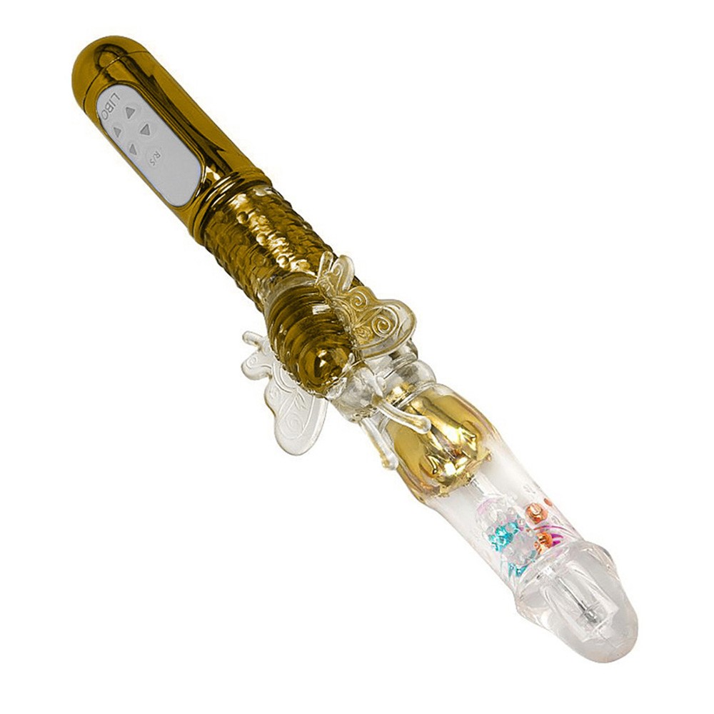 Vis�o superior do Vibrador Rabbit Dourado, com as fun��es de rota��o e vai e vem, e o estimulador de clit�ris em destaque.