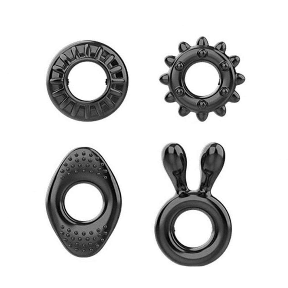Kit com 4 An�is Penianos em Silicone Preto - Detalhe dos designs e texturas