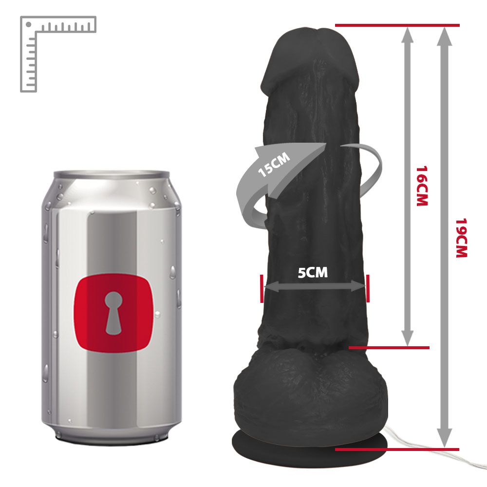 P�nis Real�stico King Preto com vibrador e ventosa em vista de perfil, evidenciando o comprimento de 19cm e a largura de 5cm