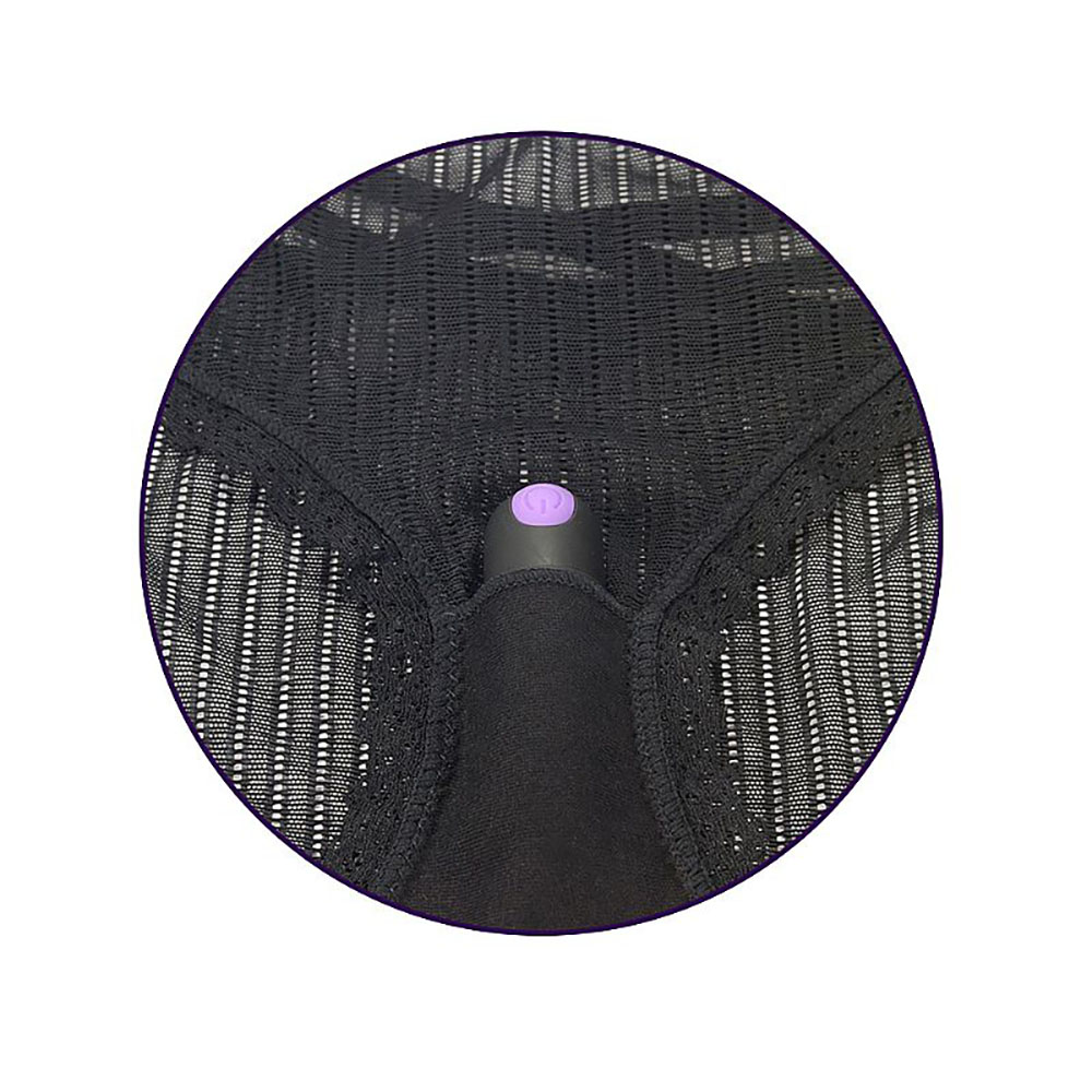 Calcinha vibrat�ria preta e controle remoto na cor preta com detalhes em roxo, apresentados em fundo branco