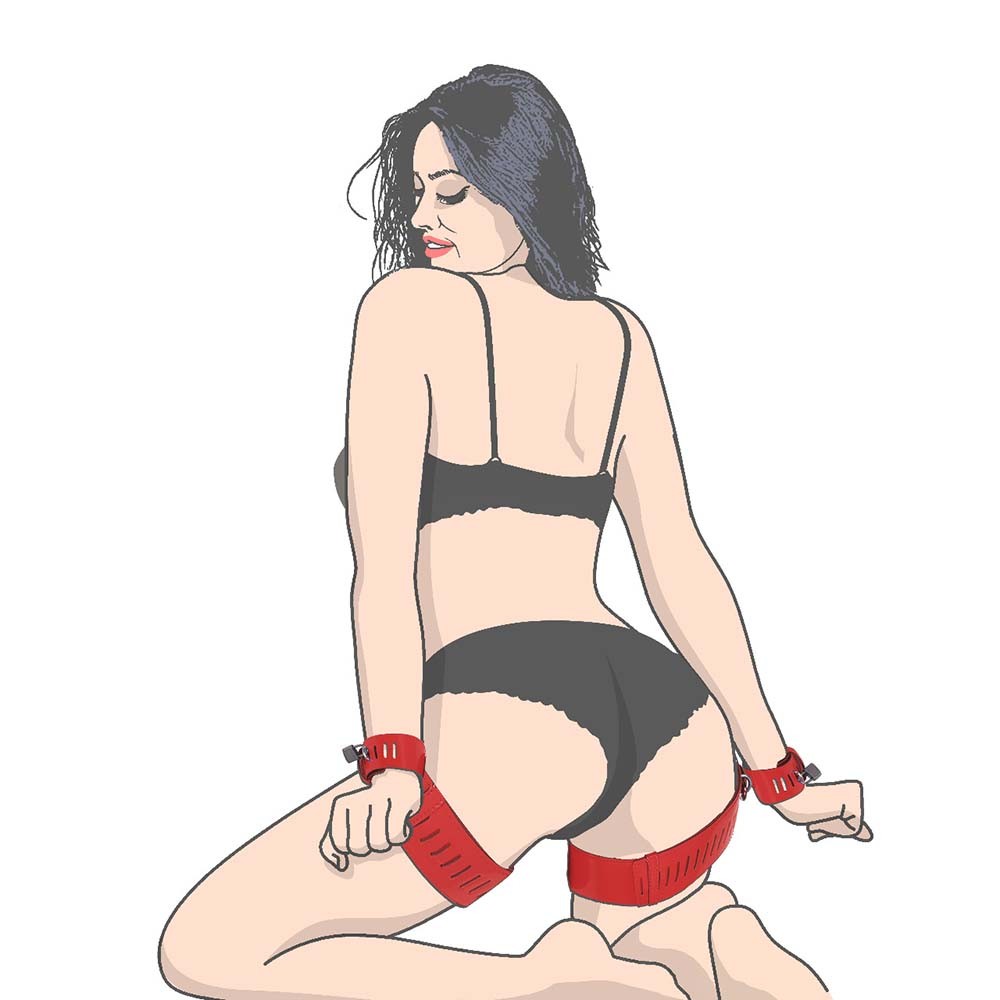 Ilustra��o de mulher usando a imobilizadora de coxas em vinil vermelha em posi��o de submiss�o