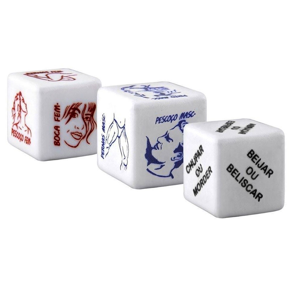 Dados Er�ticos Toque do Cupido em perspectiva, mostrando tr�s dados brancos com gravuras e textos em vermelho e azul