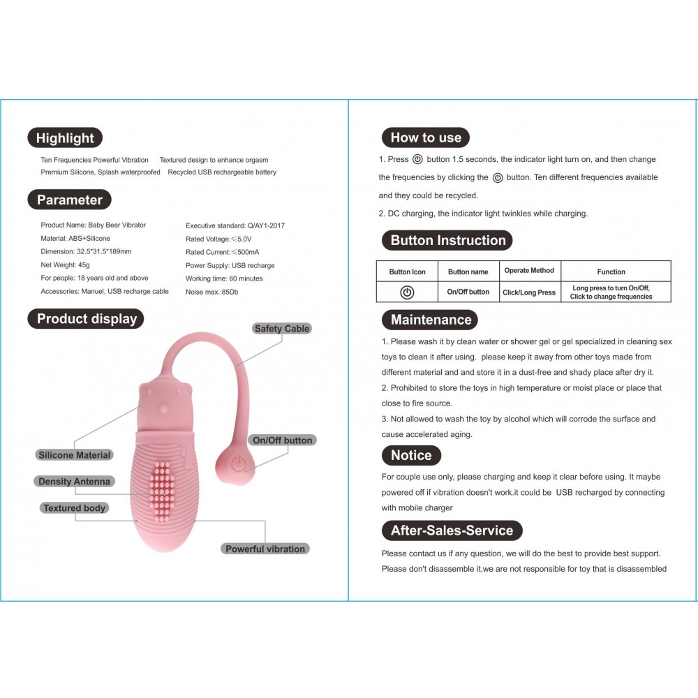Vibrador Bullet Bear Love Egg Rosa em vista lateral, exibindo o bot�o de energia e a porta de carregamento USB, com manual de instru��es