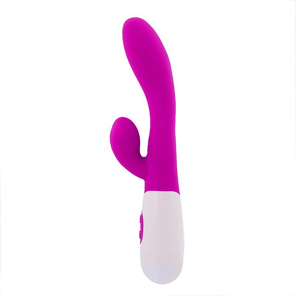 Vista lateral do vibrador duplo pink em silicone e ABS, destacando o corpo vibrat�rio em silicone roxo
