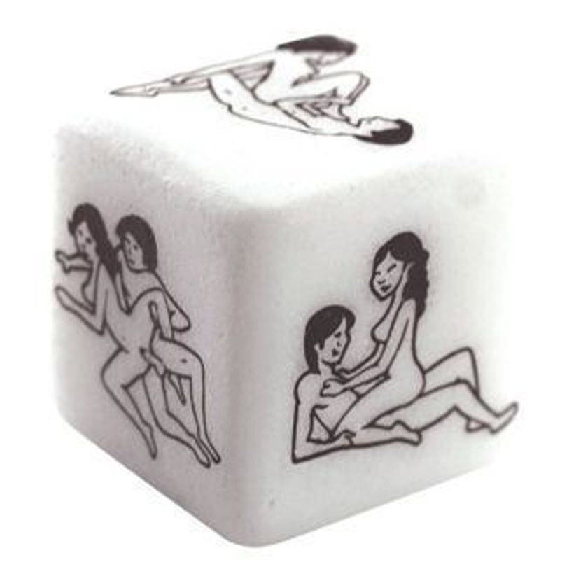 Dado Er�tico Jogo do Prazer de cor branca com ilustra��es de posi��es sexuais em preto, exibindo duas faces laterais e a superior