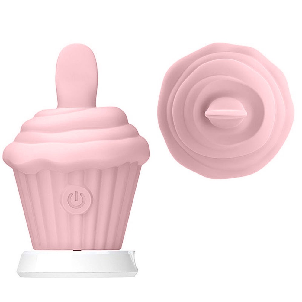 Vibrador Cup Cake Rosa ao lado de sua tampa tipo 'cobertura do cup cake', em vista superior