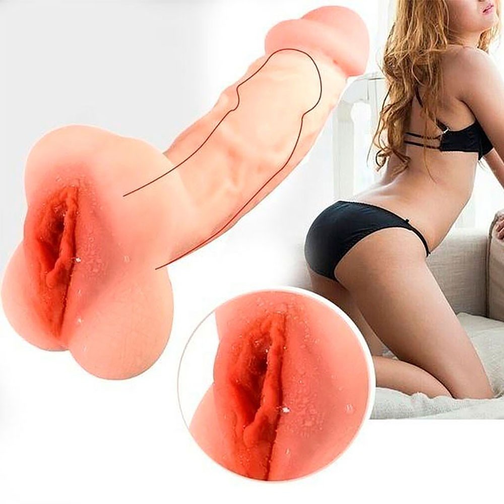 Masturbador Masculino em Cyberskin com P�nis e Vagina Bege, vista lateral com foco nas duas aberturas de estimula��o, o p�nis e a vagina, mostrando o material Cyberskin e a cor bege.