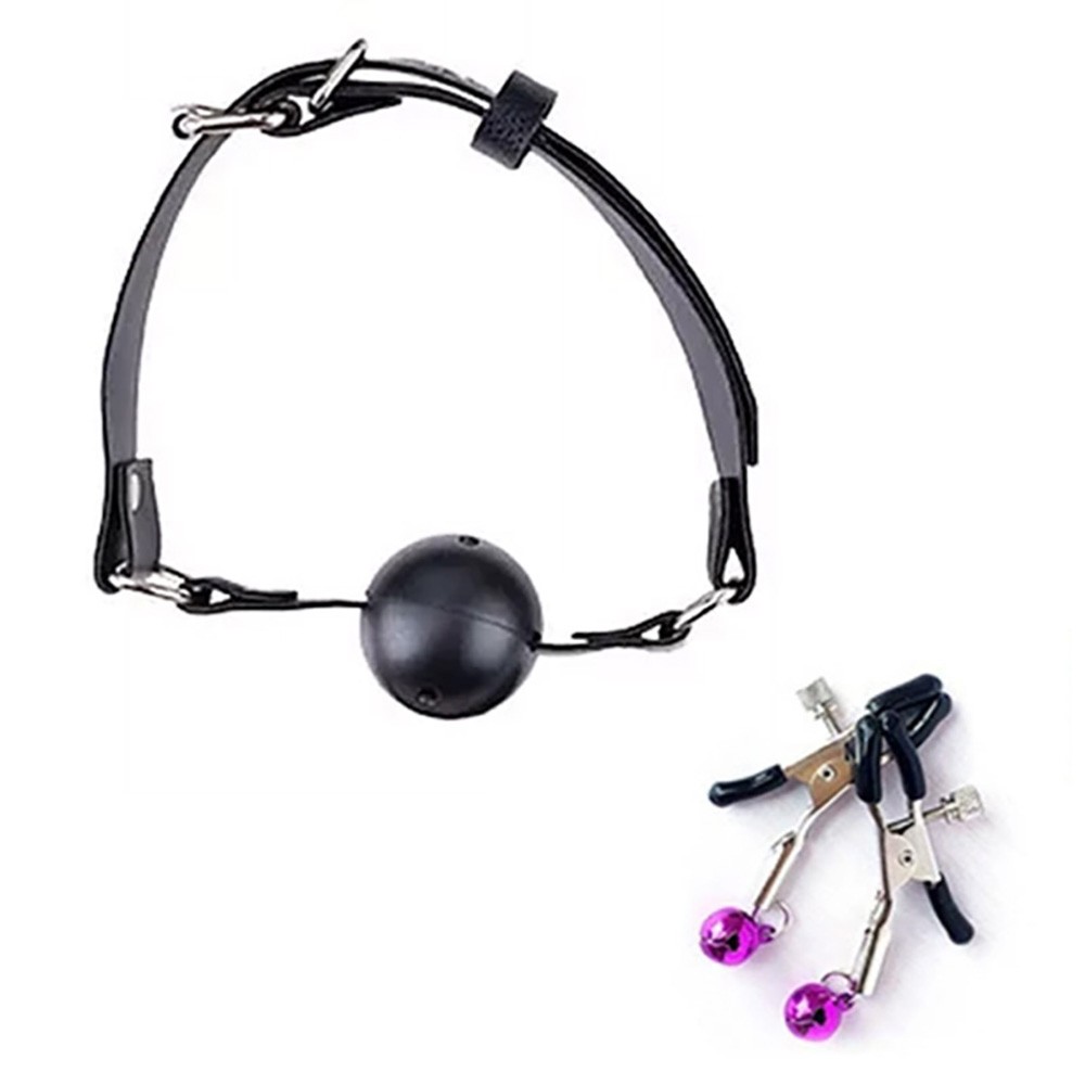 Kit Bondage 10 com morda�a, coleira e clamps para mamilo, mostrando detalhes do material em nylon