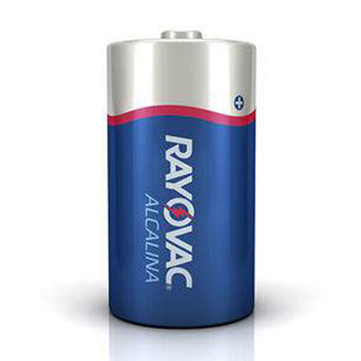 Pilha Alcalina C Rayovac individual em vista frontal com detalhes da marca e tipo