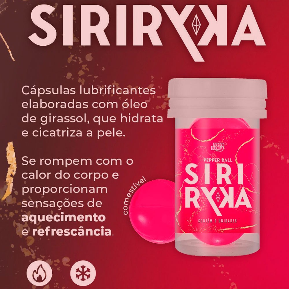 Bolinha de �leo Corporal Vegetal Comest�vel Siri Ryca com close na c�psula, destacando sua cor e a embalagem.