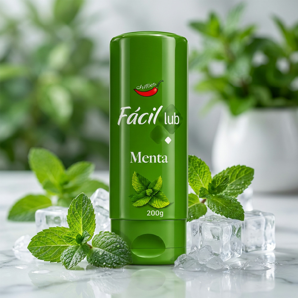 Lubrificante F�cil Lub Menta 200g em cen�rio refrescante com gelo e folhas de menta, destacando sua proposta de frescor e sabor.