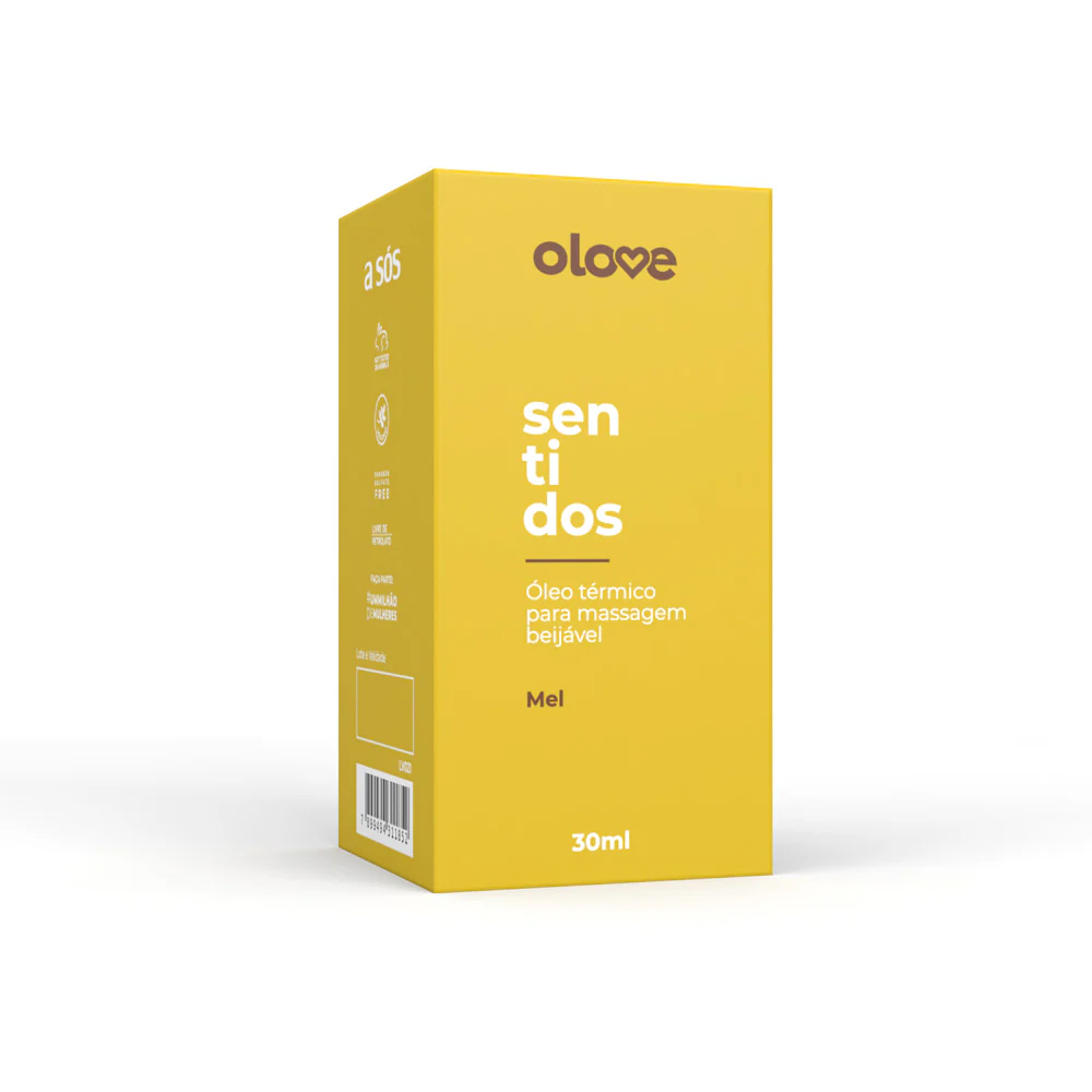 Caixa amarela do �leo para Massagem Sensual Olove Sentidos Sabor Mel em vista frontal, destacando design e informa��es do produto