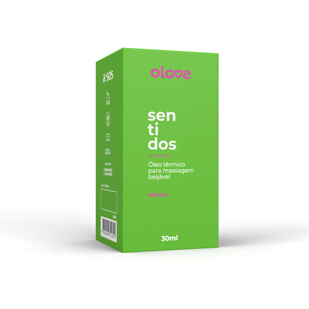 Caixa do �leo para Massagem Sensual que Esfria Beij�vel Aroma e Sabor Menta Olove Sentidos 30ml, destacando embalagem verde-clara e informa��es do produto.