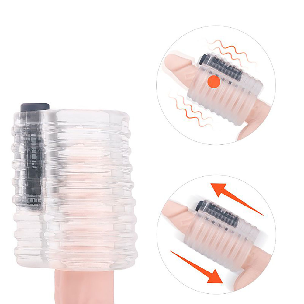 Capa Peniana Vazada Transparente com Textura e 9 Modos de Vibra��o Recarreg�vel - vista lateral mostrando o motor vibrat�rio e o material em jelly