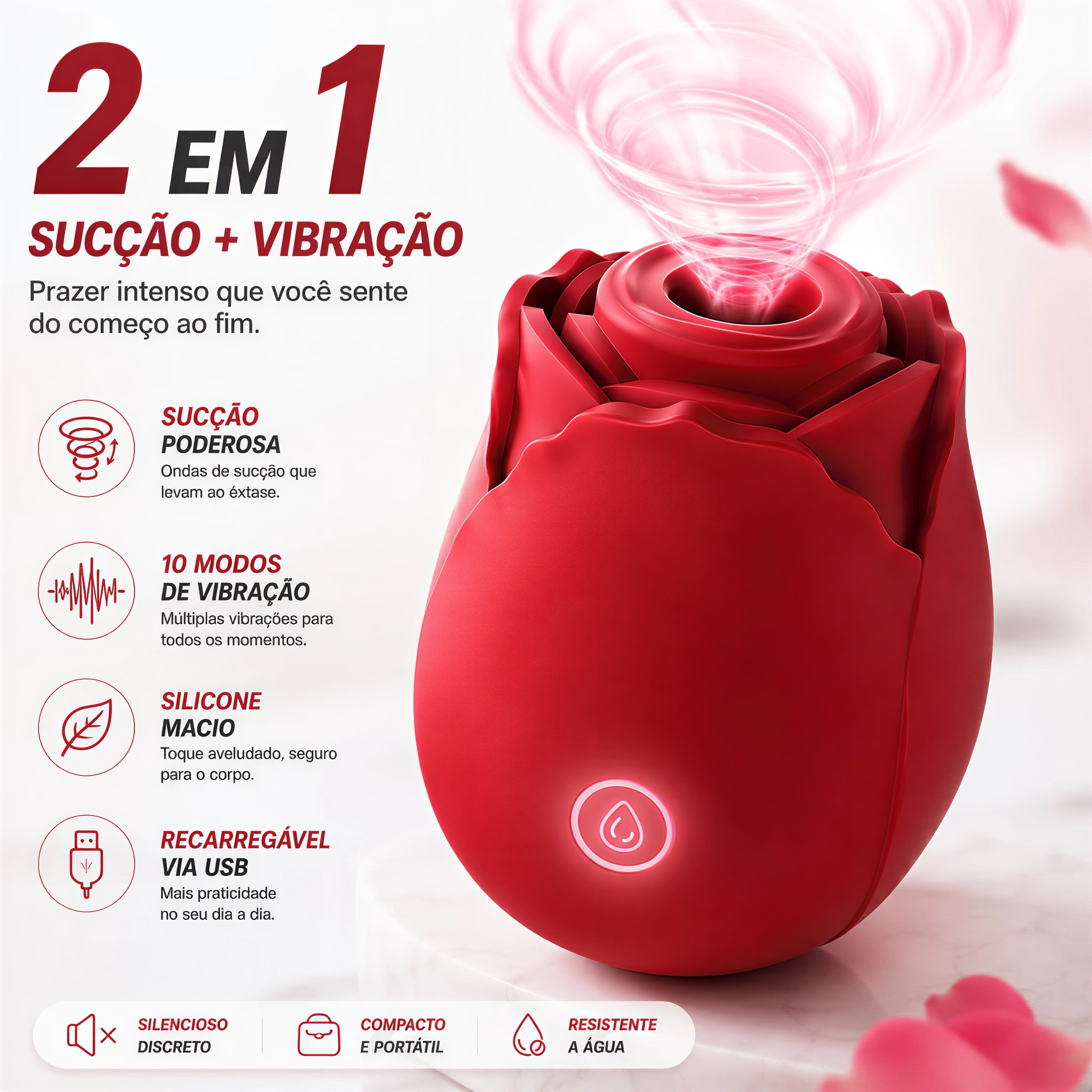Vibrador Discreto em Silicone Recarreg�vel com 10 Modos de Pulsa��o Vermelho - vista do orif�cio de suc��o com ondas vibrat�rias