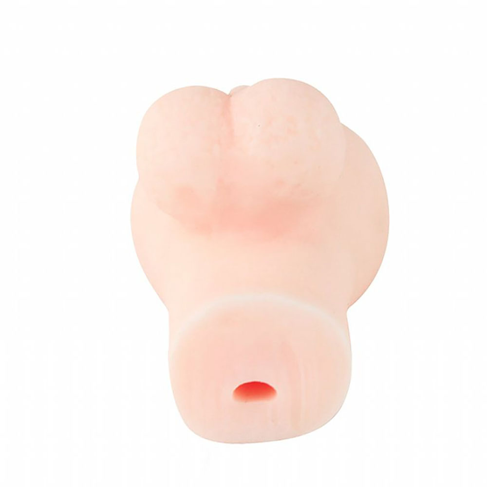 Vista lateral do masturbador CyberSkin �nus e Escroto com Vibrador Bege, mostrando o corpo do toy e a parte do escroto
