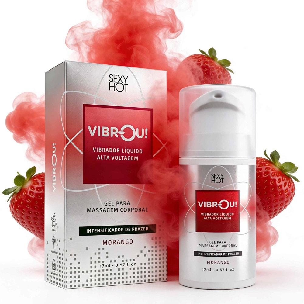 Vibrador L�quido de Alta Voltagem Vibrou! Sabor Morango 17ml, frasco sem caixa, vista frontal
