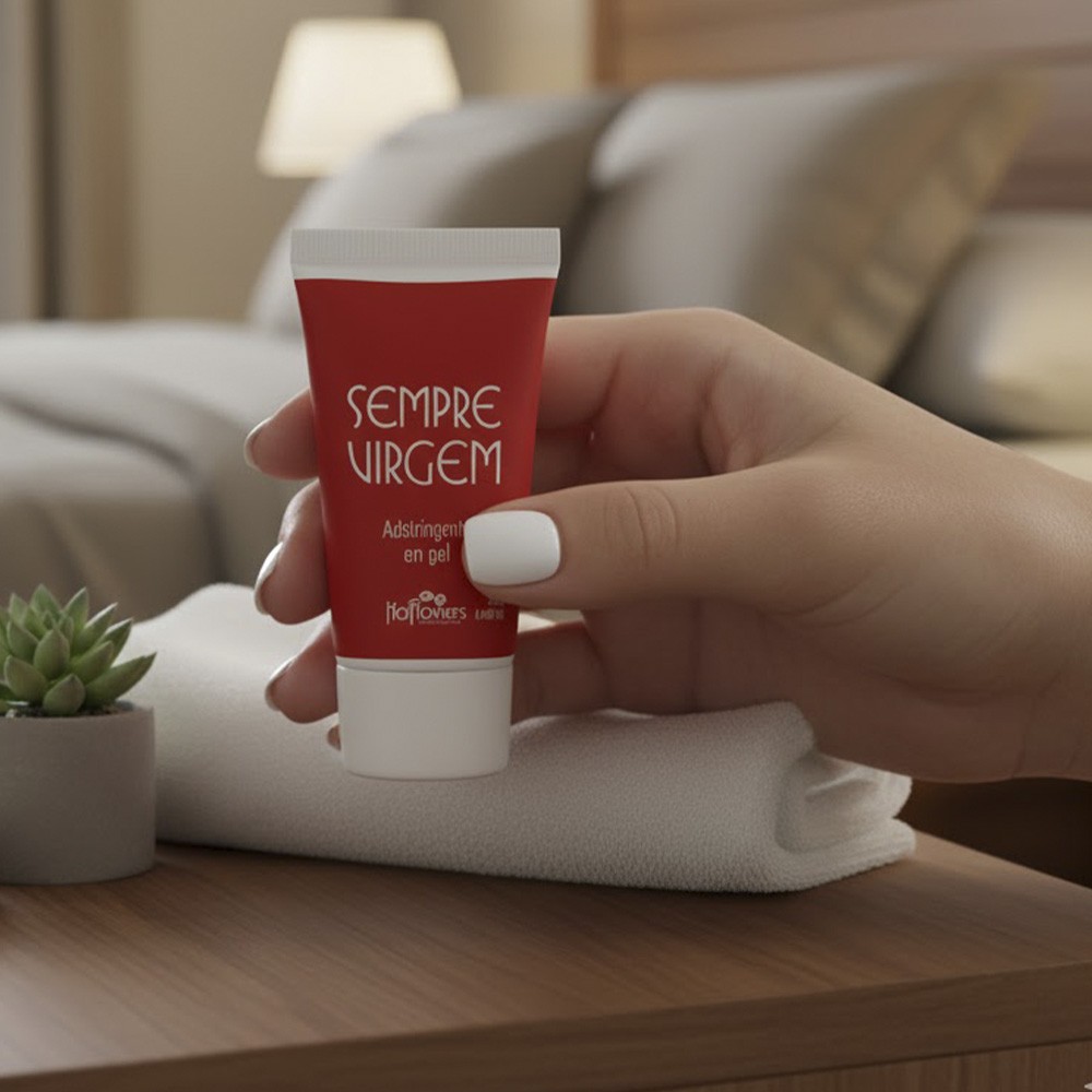 M�o de mulher segurando o Gel Adstringente Sempre Virgem 25g no quarto, com a cama desfocada ao fundo