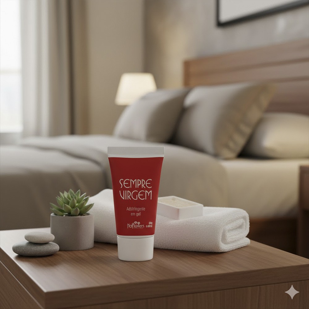 Gel Adstringente Sempre Virgem 25g em um quarto, em cima de um criado-mudo com detalhes de decora��o