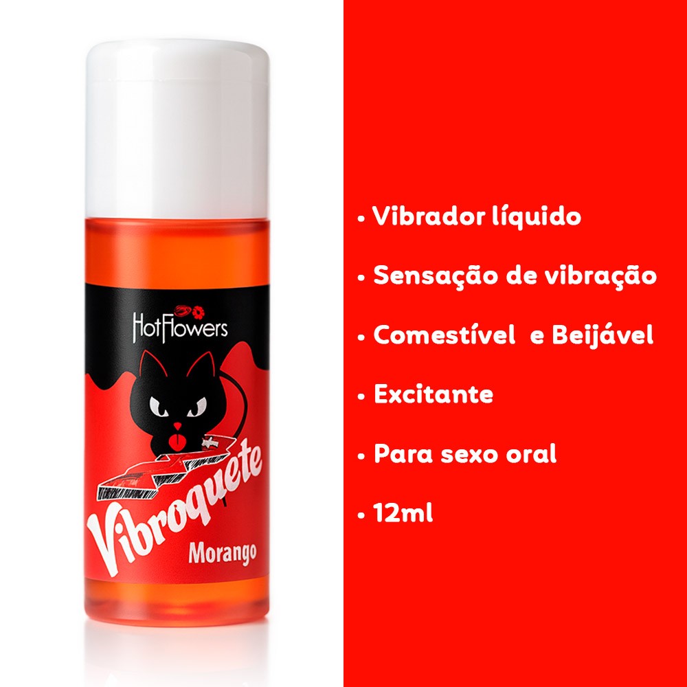 Vibrador L�quido Vibroquete Morango 12ml, com lista de benef�cios: vibrador l�quido, sensa��o de vibra��o, comest�vel e beij�vel, excitante, para sexo oral, 12ml
