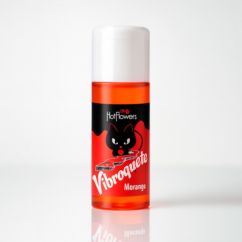Vibrador L�quido Vibroquete Morango 12ml em �ngulo suave, destacando o frasco laranja vibrante e o r�tulo com o gato preto