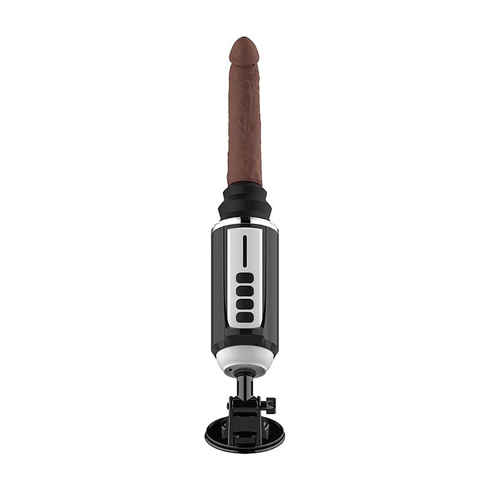 M�quina de Sexo Wolverine preta com o dildo em silicone marrom em vista frontal