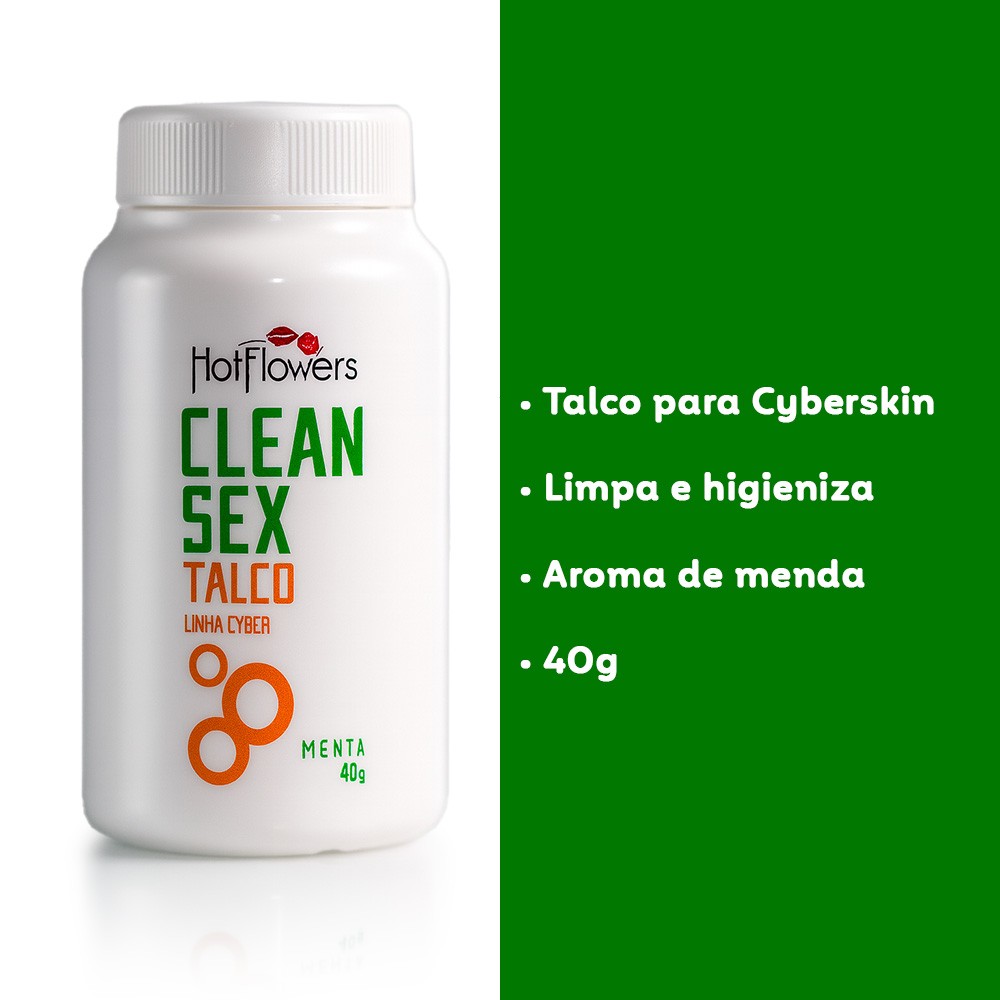 Talco para Cyberskin Clean Sex Menta 40g - com lista de benef�cios: Talco para Cyberskin, Limpa e higieniza, Aroma de menta, 40g