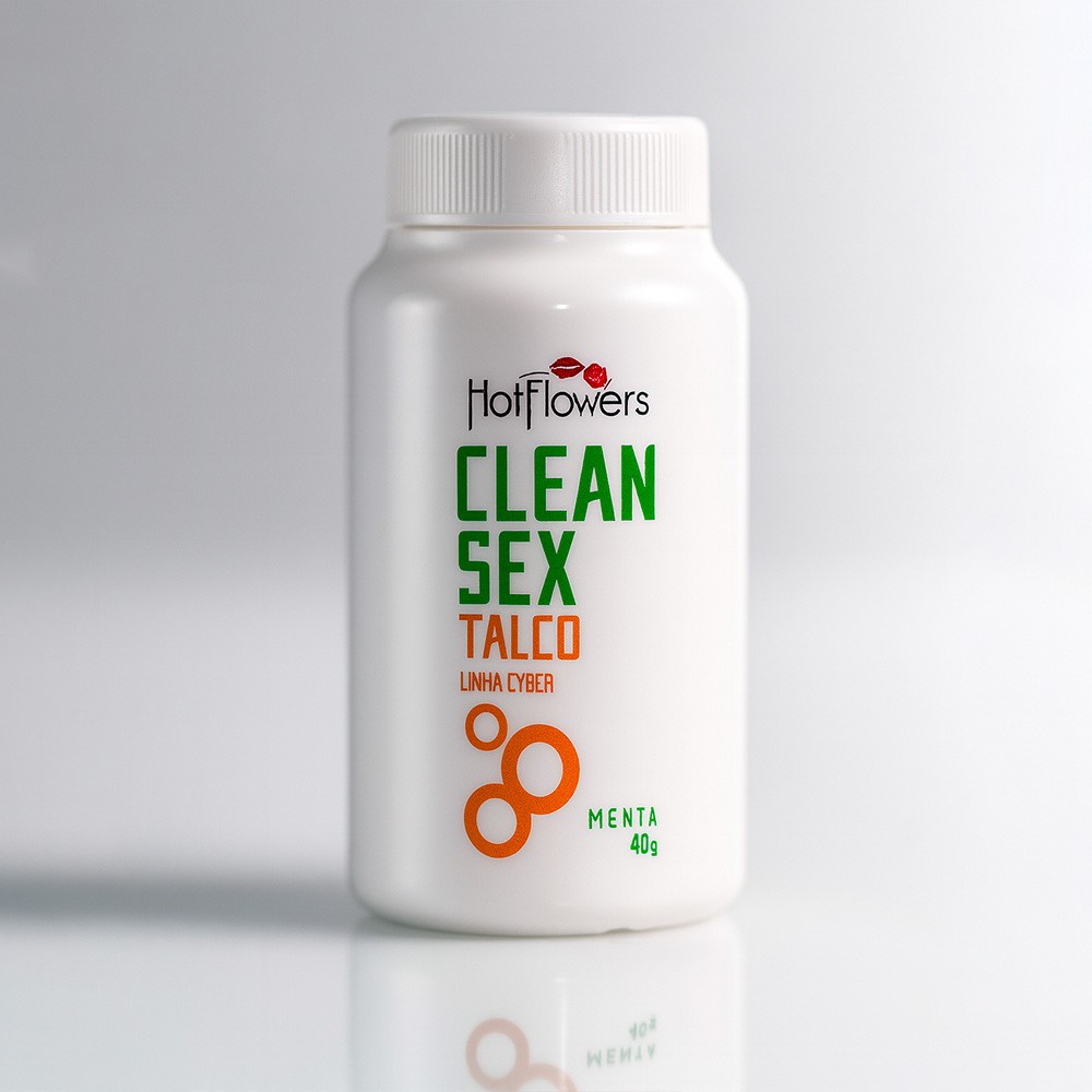 frasco de Talco para Cyberskin Clean Sex Menta 40g da Hot Flowers em ambiente claro, destacando a embalagem branca e a tampa rosque�vel