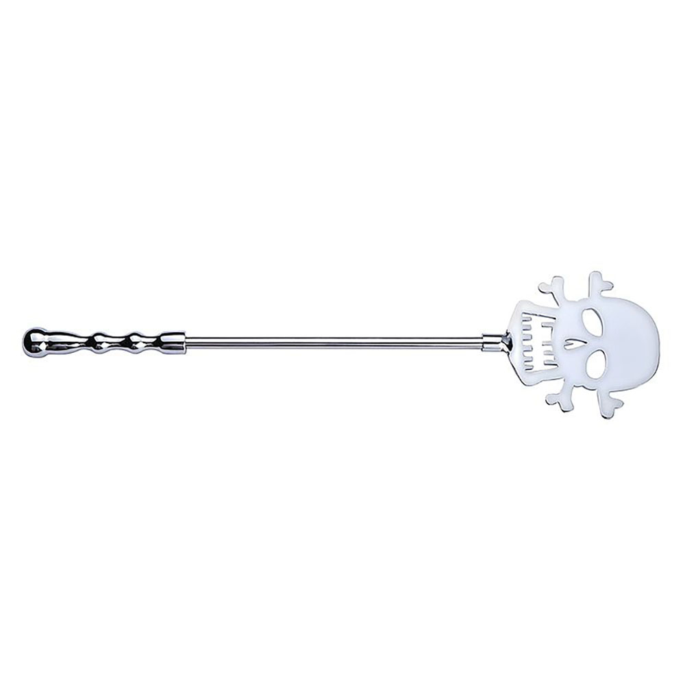 Palmat�ria em A�o com Haste em Formato Caveira 41cm Prata em vista lateral, mostrando o cabo esculpido e a ergonomia