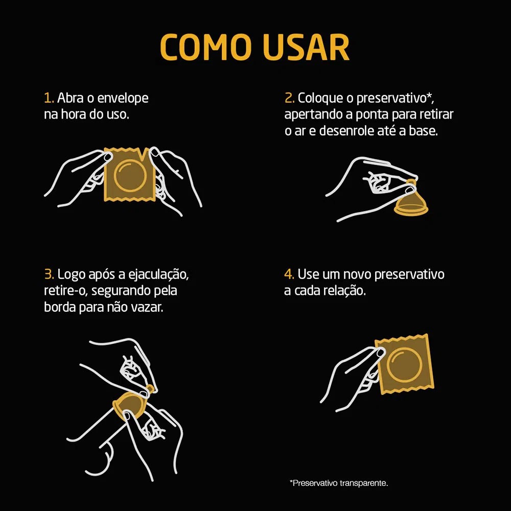 Instru��es de como usar o preservativo Olla: abrir envelope, colocar no p�nis, retirar ap�s ejacula��o e usar um novo a cada rela��o.