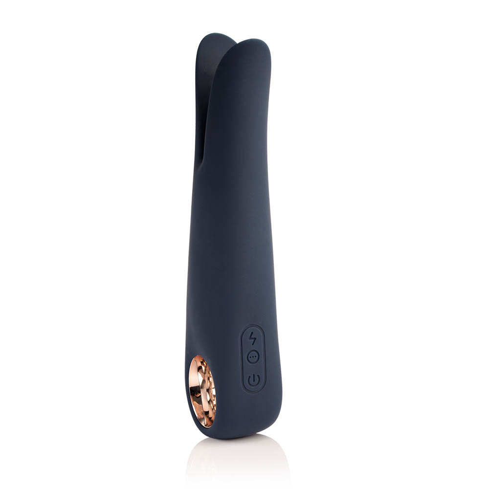 Vibrador Feminino Recarreg�vel Crazy Azul em silicone, vista lateral, mostrando bot�o de controle e porta USB