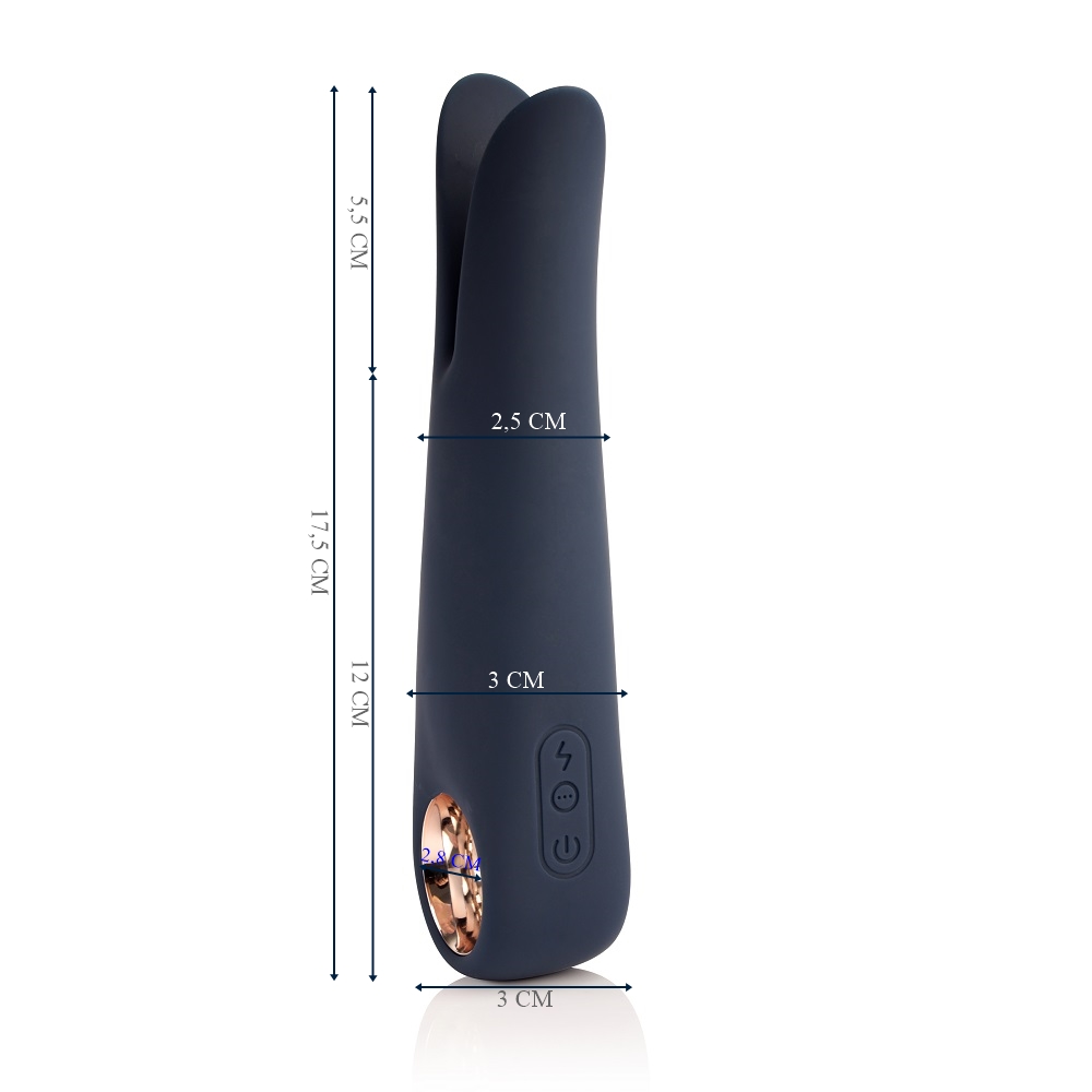 Vibrador Feminino Recarreg�vel Crazy Azul em silicone, vista lateral com dimens�es detalhadas