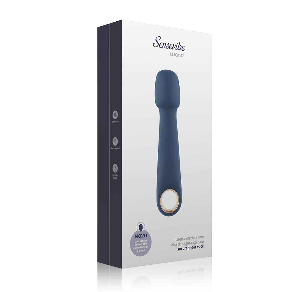 Massageador Er�tico Recarreg�vel Wand Azul - Detalhe do anel dourado na base, ressaltando o design