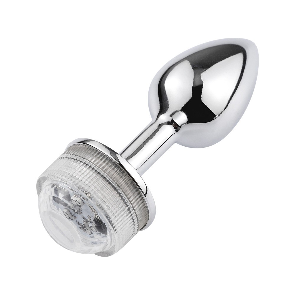 imagem do plug anal joia em a�o com LED e controle, destacando a eleg�ncia do produto